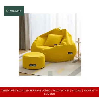 ZenLiving&reg; 3XL Filled Bean Bag Combo &ndash; Faux Leather | Yellow | Footrest + Cushion by@Outfy